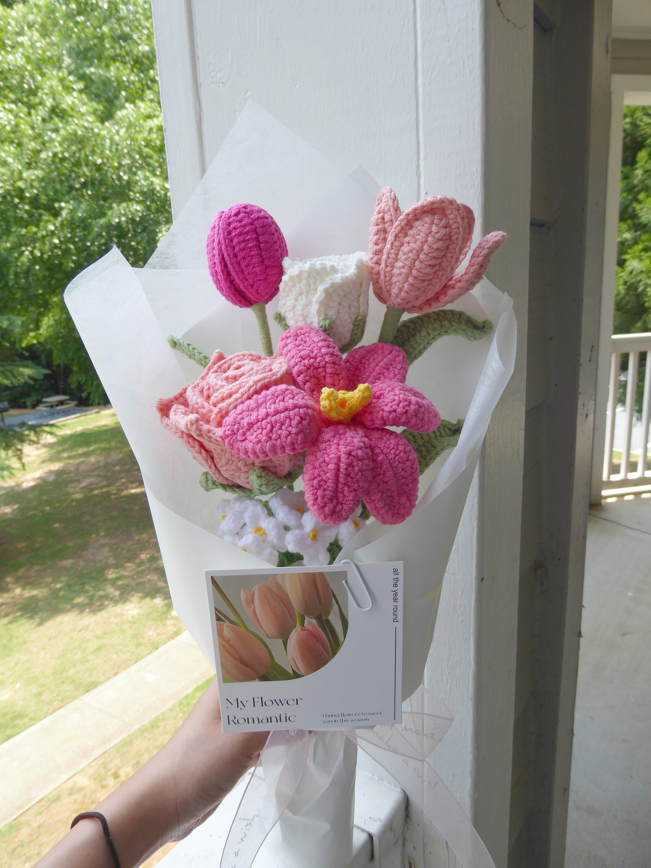 Crochet Flowers Bouquet Handmade, Finished Product, Rose,Tulip for Anniversary,Birthday, girlfriend mother long distance valentine gift