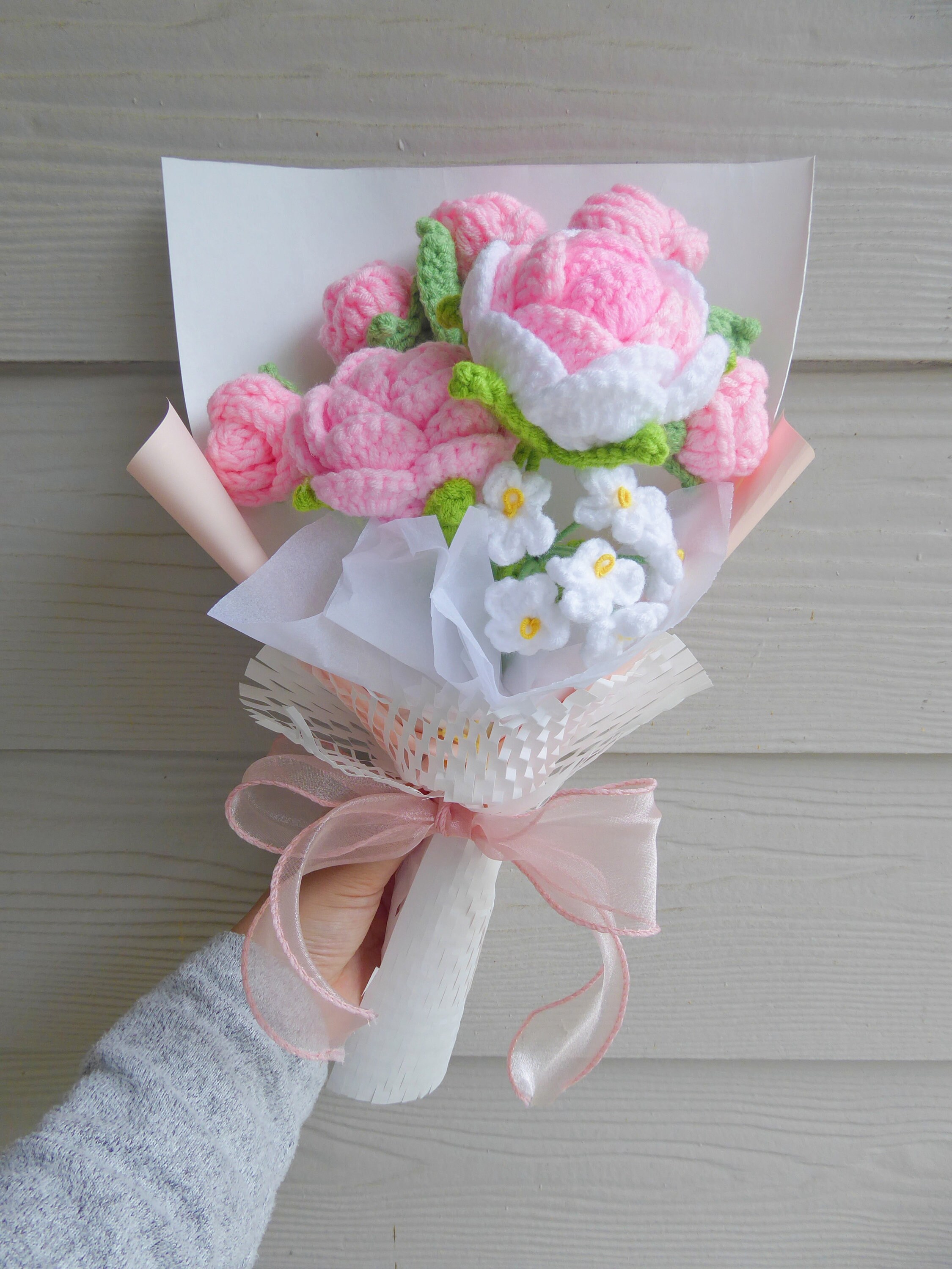 Crochet Flowers Bouquet Handmade, Finished Product, Rose,Lily,Tulip, Anniversary,Birthday,girlfriend mother mom day knit long distance gift