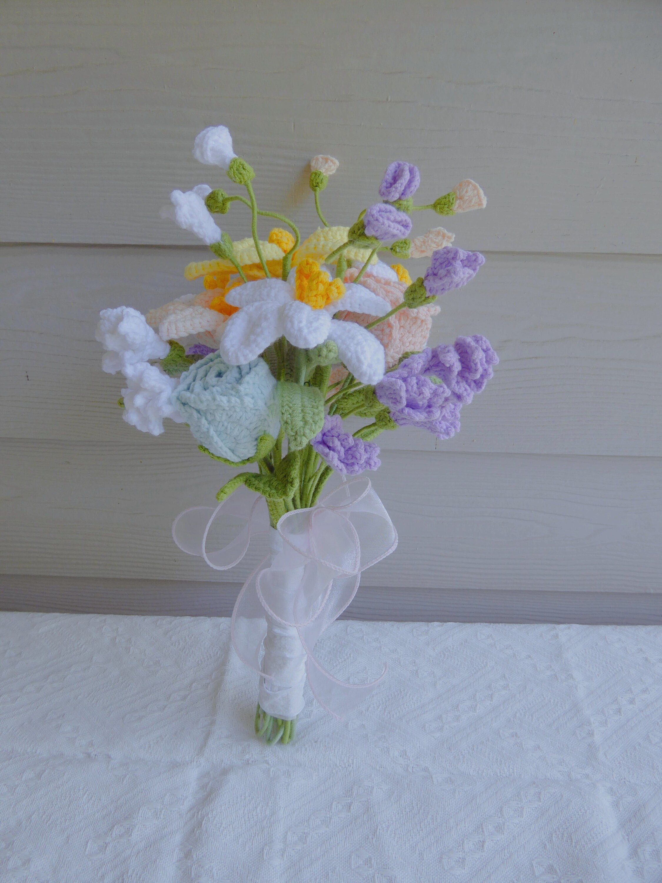 Crochet Flowers Bouquet Handmade, Finished Product, Lily, Rose for Bridal Party wedding artificial forever loving girlfriend/wife/bride gift