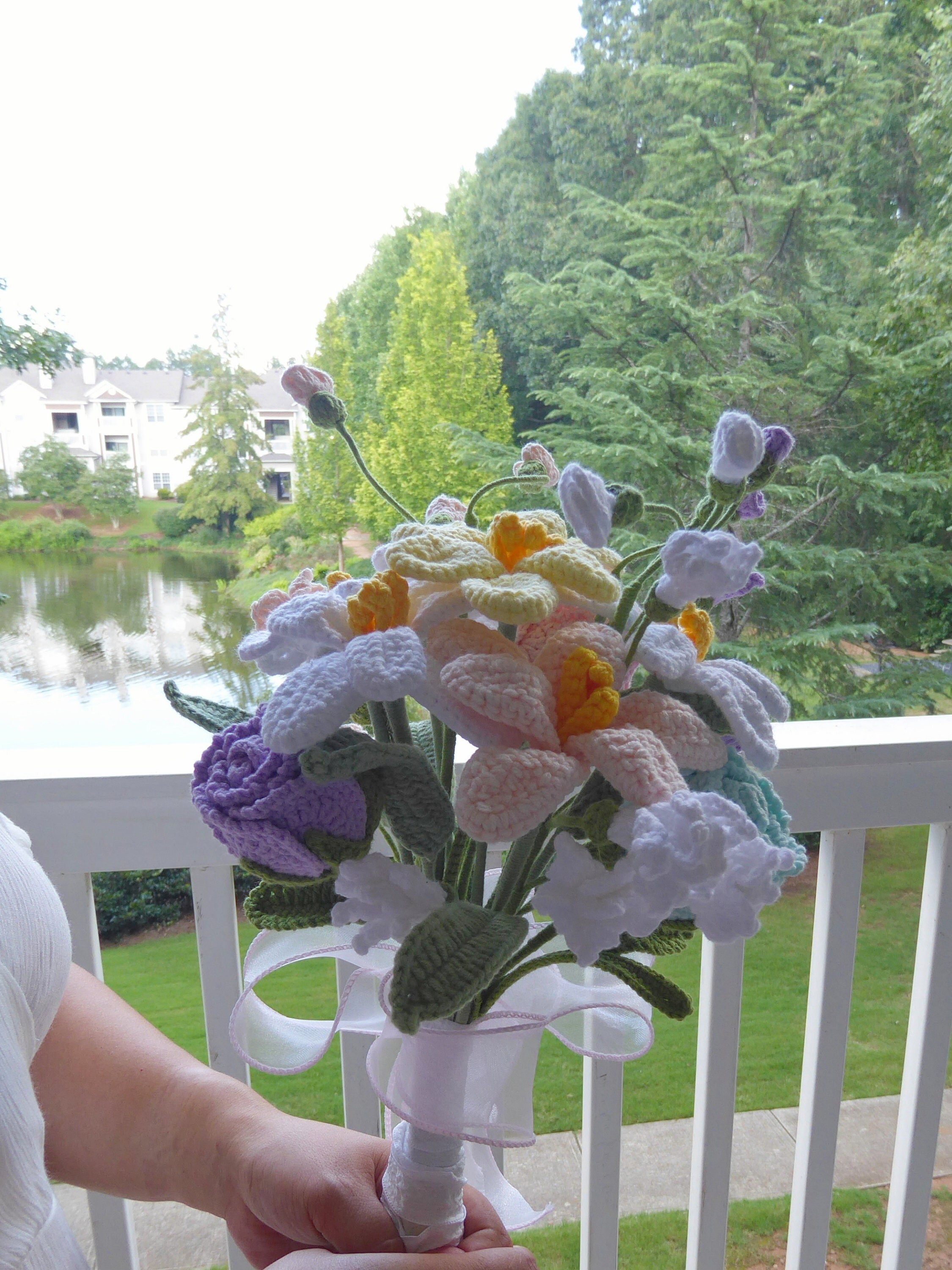 Crochet Flowers Bouquet Handmade, Finished Product, Lily, Rose for Bridal Party wedding artificial forever loving girlfriend/wife/bride gift