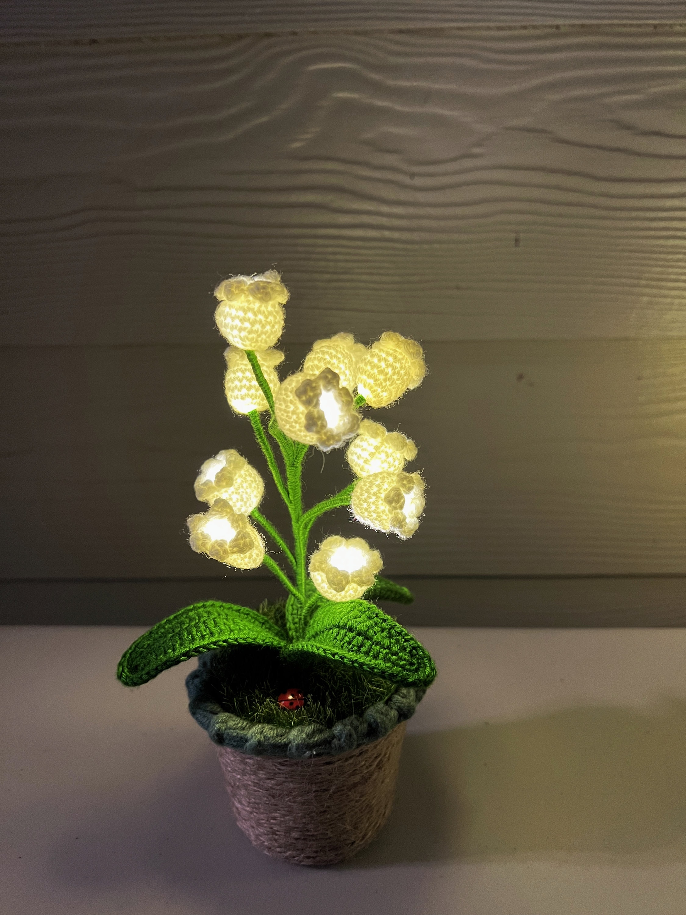 Crochet Handmade Lily Potted Plant Light Lamp, Lilies of the Valley,Finished Product,Knitted Flower Decoration,3 flash modes girlfriend gift