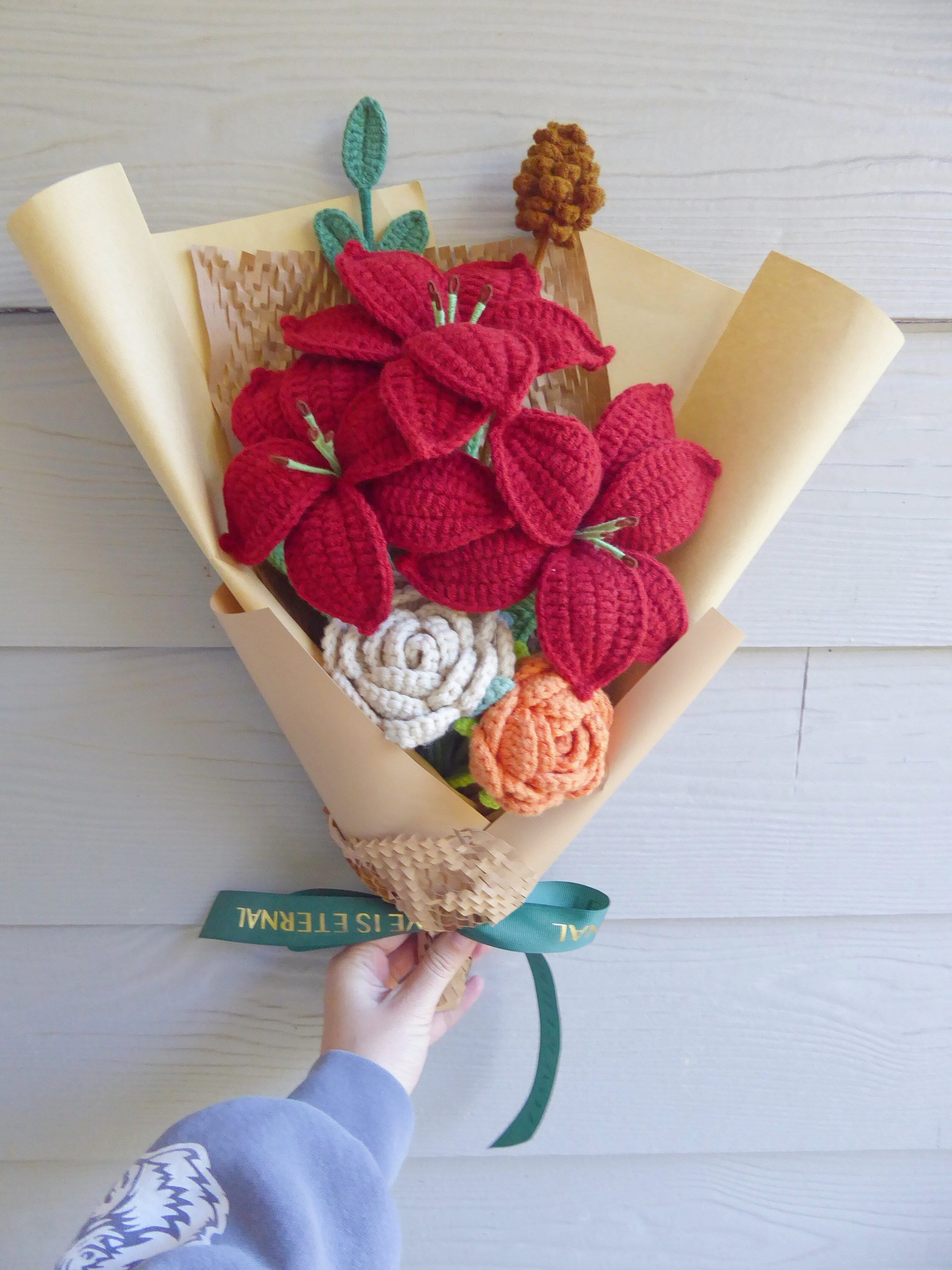 Crochet Flowers Bouquet Handmade, Finished Product,Rose,Lily for Anniversary,Birthday,Girlfriend,Mother day forever mom knitted love gift