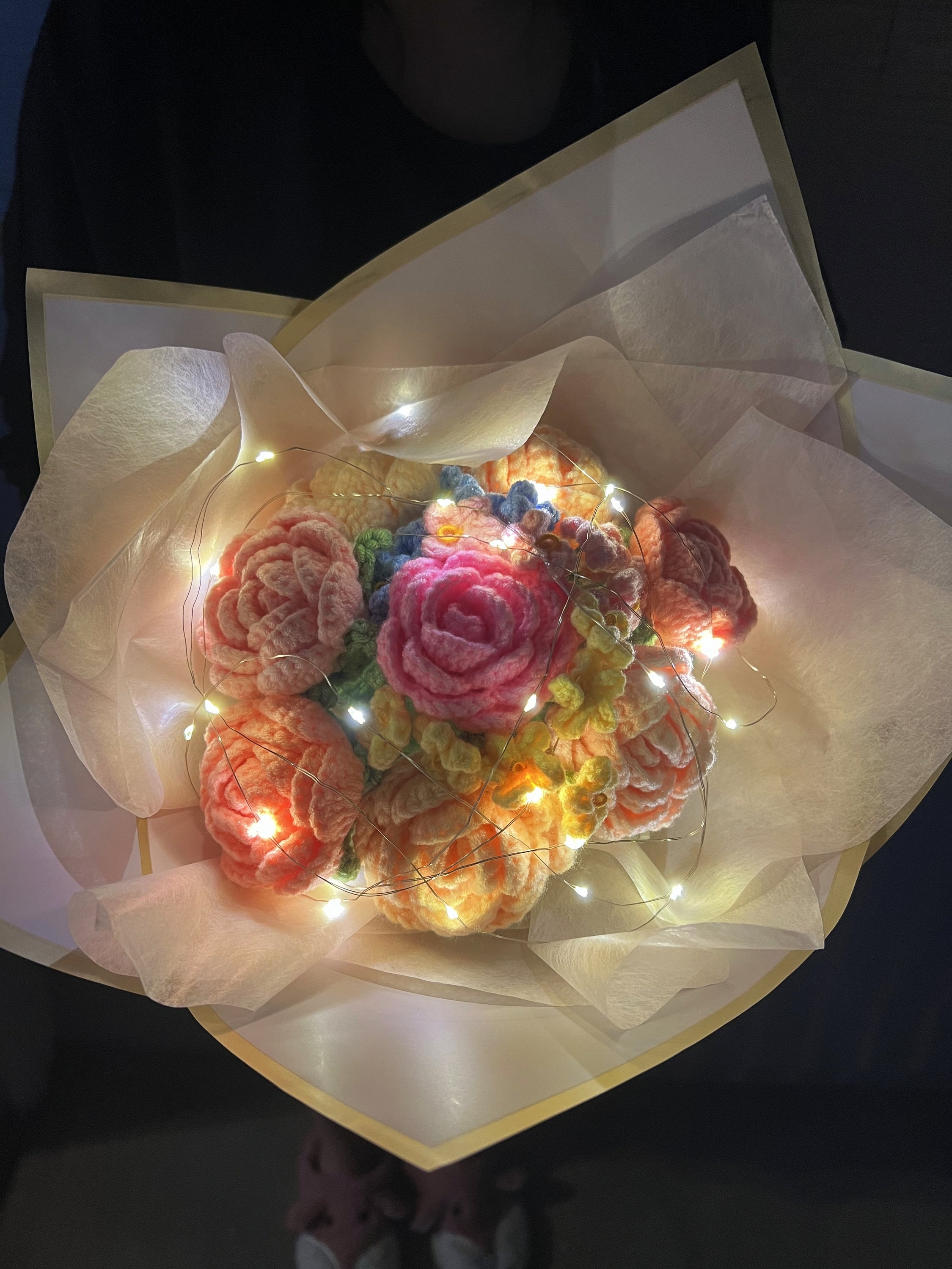 Crochet Flowers Bouquet Handmade, Finished Product,Rose for Anniversary,Birthday, girlfriend string light romantic valentine forever gift