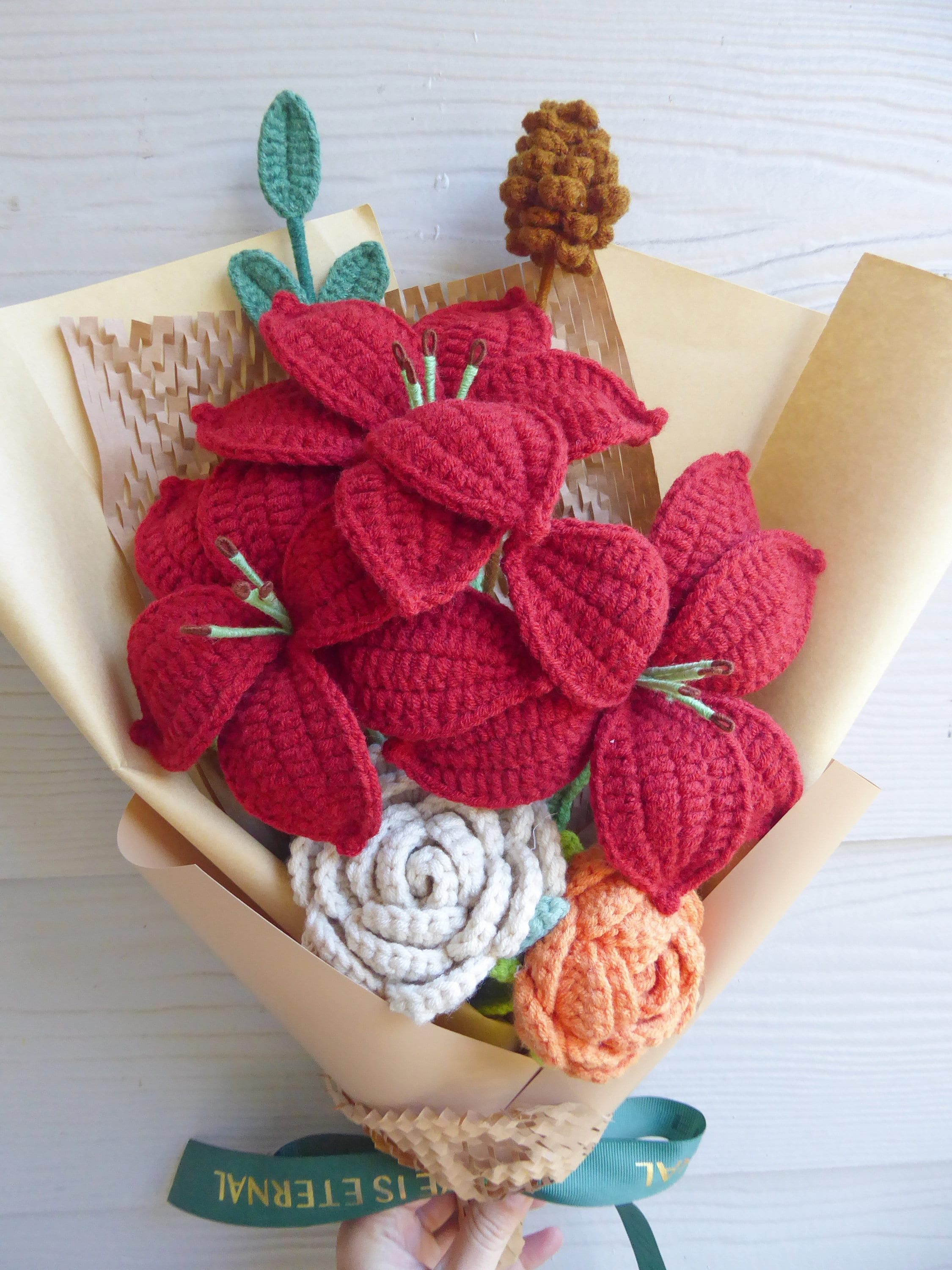 Crochet Flowers Bouquet Handmade, Finished Product,Rose,Lily for Anniversary,Birthday,Girlfriend,Mother day knitted mom forever love gift