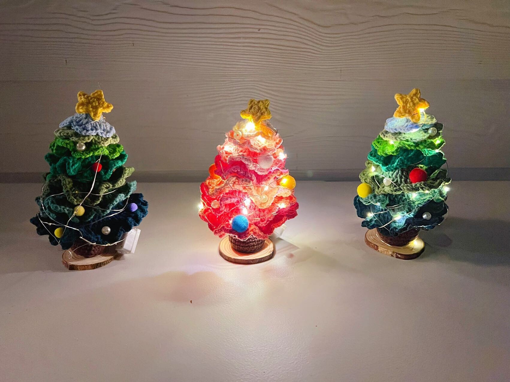 Crochet Handmade Christmas Tree Mini Light Night Lamp, Finished Product, Knitted Flower Holiday Home Decoration, love friend forever gift