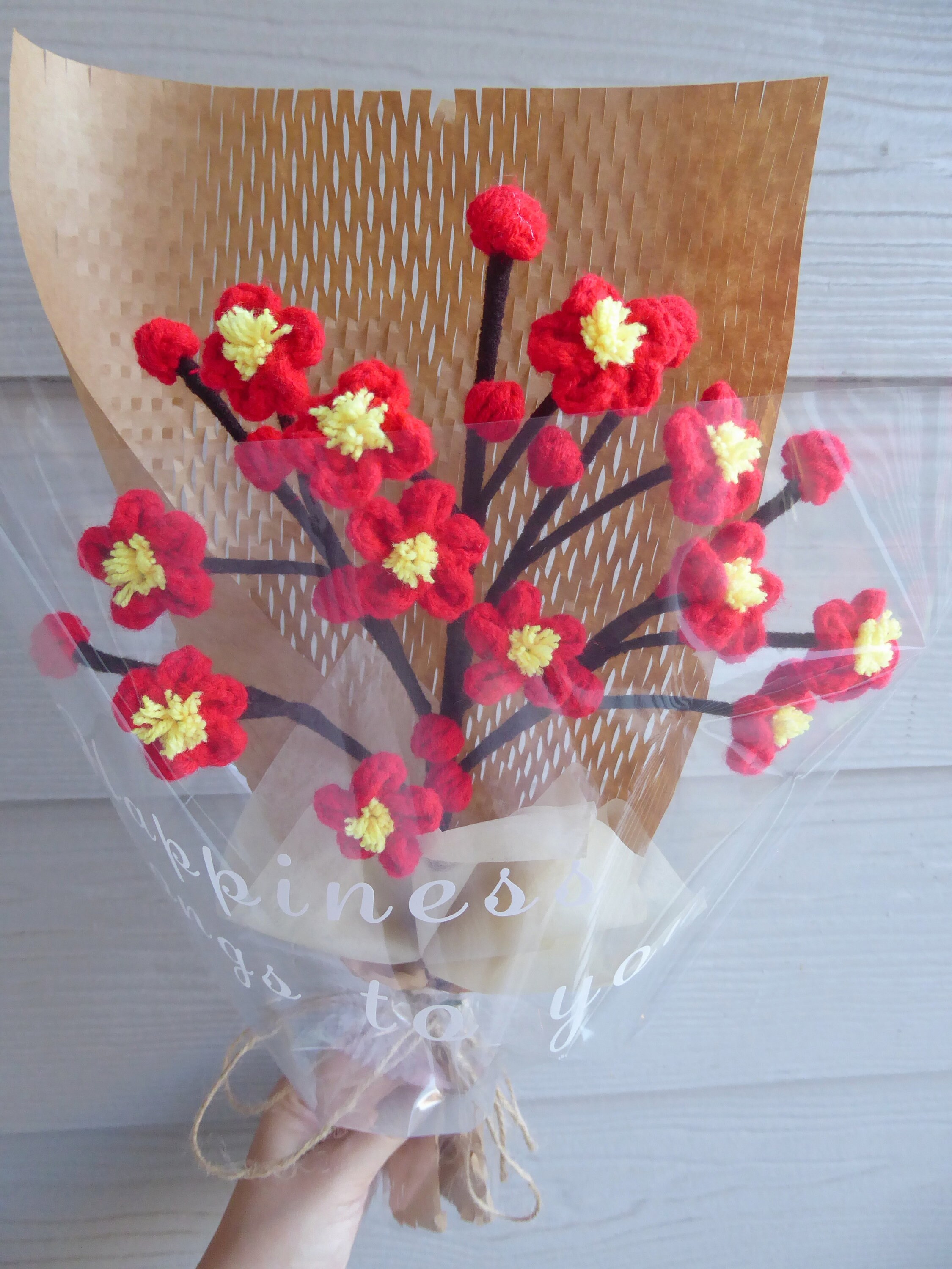 Crochet Flowers Bouquet Handmade, Finished Product, Plum Blossom,Olive for Anniversary,Birthday, girlfriend mother mom day knit forever gift